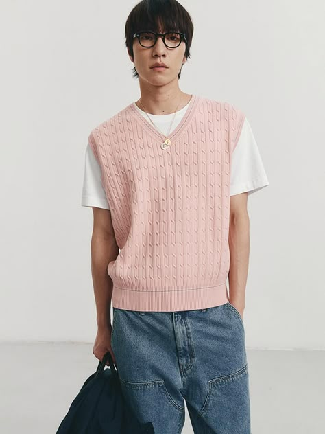 This is a minimal knit vest that has a V neckline. With a classic cable pattern and color point on the neckline and armhole, it has a minimal yet unique look. You can layer it with various items for casual and refined look. Logo embroidery on the frontColor detail on the neckline and armholeSoft and warm texture Pink Vest Outfit Men, Pink Monochromatic Outfit Men, Pink And White Outfit Men, Pink Outfit For Men, Pink Mens Outfits, Pink Outfits Aesthetic Men, Pink Clothes Men, Pink Boy Outfit, Men In Pink