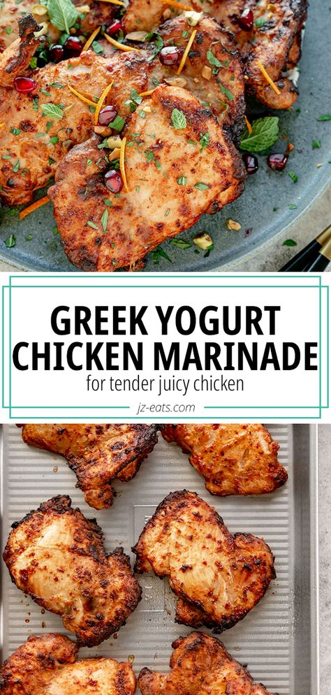 Curry Greek Yogurt Chicken, Plain Yogurt Chicken Marinade, Chicken Marinade Yogurt Recipes, Greek Yogurt Recipes Chicken, Greek Yogurt Turmeric Chicken, Chicken Marinades With Yogurt, Medeteranian Chicken Marinade, Chicken Thigh Greek Yogurt, Spicy Greek Chicken