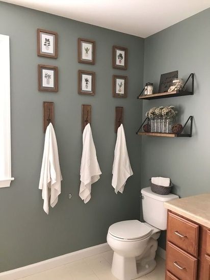 Small Bathroom With Half Wall, Large Wall In Bathroom, Small Bathroom Color Schemes Farmhouse, Paint Colors For Small Bathrooms Rustic, Bathroom Paint Colors Farmhouse, Paint Colors For Stairway Walls, Bathroom Decorating Ideas Colors Schemes, Dark Color Small Bathroom, Elegant Powder Room Luxury