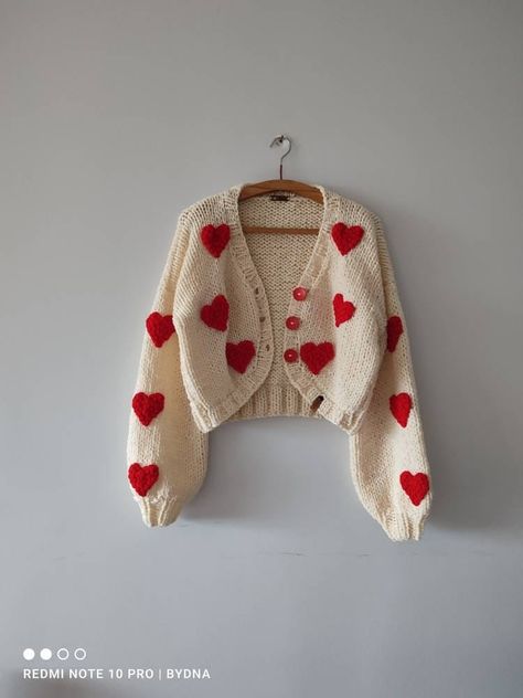 Bydna #comfortwear #handmadesweater #giftsforherandyoutoo Valentines Day Cardigan, Heart Clothes Aesthetic, Heart Aesthetic Outfit, Love Core Outfits, Heart Sweater Crochet, Crochet Heart Cardigan, Crochet Heart Sweater, Cute Valentines Outfits For Women, Lovecore Outfits