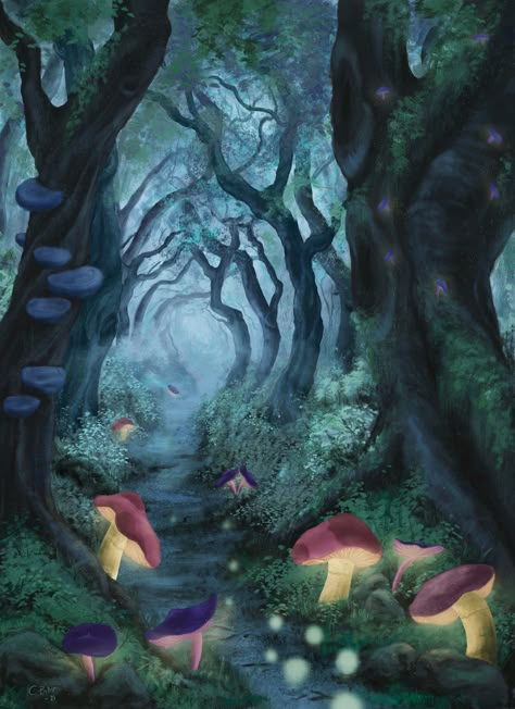 Dark misty forest path full of mushrooms Fantasy Forest Mushrooms, Mushroom Land Painting, Mushroom Forest Scene, Mushroom In Forest Painting, Mushroom Landscape Art, Forest Mushrooms Drawing, Cute Forest Painting, Mystical Mushroom Forest, Forest Art Reference