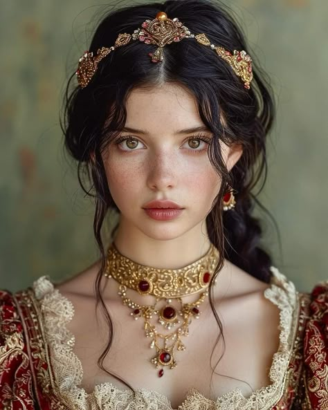 Royal Face Claim, Royal Hairstyles Princesses, Medieval Face Claims Female, Royalty Hairstyles, Royalty Makeup, Black Hair Princess, Queen Reference, Female Character Aesthetic, Brown Haired Princess