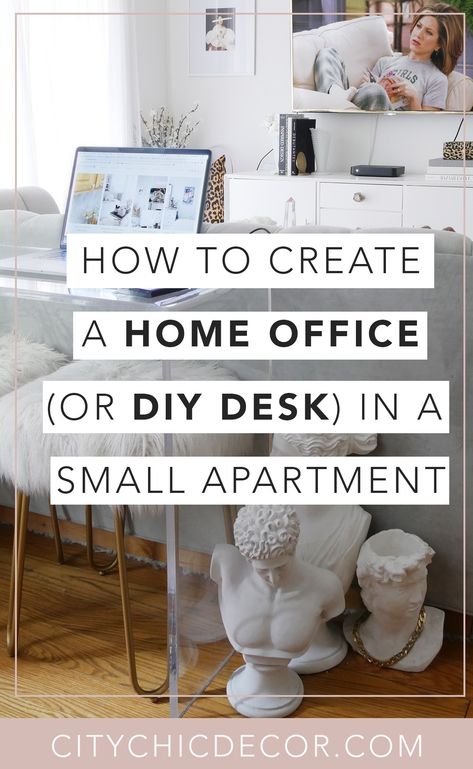 Struggling to work from home in your small apartment or studio apartment? Not having a dedicated home office in a smaller space can be frustrating. I am showing you three easy ways you can create a chic, home office and DIY desk in your small home for cheap! These home office ideas will help you create a desk setup that will allow you to easily work remotely. Nightstand Work Station, Small Office Space In Bedroom Diy, Home Office Inspiration Small Space, Mini Home Office Ideas Small Spaces Living Room, Studio Apartment Workspace, Work From Home Space Ideas Living Room, Studio Apartment Desk Ideas, Wfh Desk Setup Living Room, Wfh Small Apartment