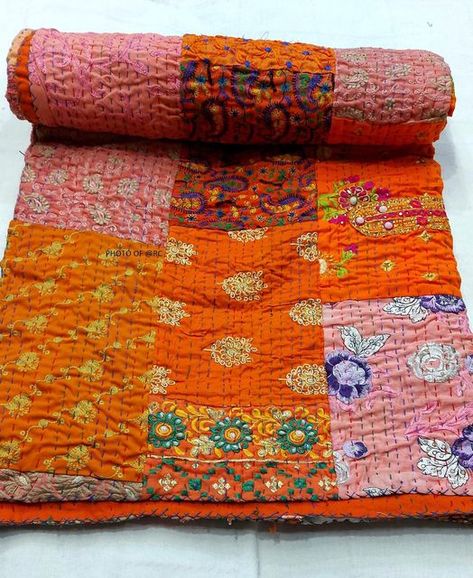 Craftmenshipindia on Instagram: "Excited to share the latest addition to my #etsy shop: Indian Cotton Patchwork Embroidered Kantha Quilt #orange #anniversary #christmas #adult #bohemianeclectic #cotton #kanthaquilt #indianvintagequilt #indiankanthaquilt https://etsy.me/3F0YYyy" Kantha Patchwork Quilt, Kantha Cloth, Paisley Quilt, Print And Embroidery, Indian Quilt, Silk Cushions Covers, Screen Printed Fabric, Velvet Quilt, Kantha Blankets