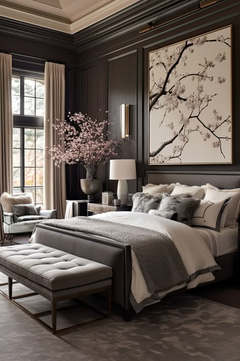 Beautiful Master Suites, Dark Serene Bedroom, Modern Classic Home Interiors, Dark California Aesthetic Home, Meteranian Home Decor, Primary Bedroom Luxury, Luxury Bedroom Ideas Modern Elegant, Masterbed Room Modern, Glam Moody Bedroom