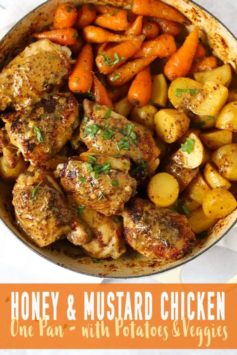 HONEY MUSTARD CHICKEN - Baked Honey Mustard Chicken traybake, for a deliciously sticky and tasty one pan meal. With added new potatoes and carrots for a complete dinner. #tamingtwins #honeyandmustard #onepanmeal #chickenrecipes #dinnerrecipes One Pan Chicken Potatoes And Carrots, Chicken Traybake Recipes Dinner, Carrot Chicken, Chicken Potato And Carrots Baked, Comfort Chicken Recipes, Meals With Carrots, Chicken And Carrots, Chicken Carrots, Honey Mustard Chicken And Potatoes