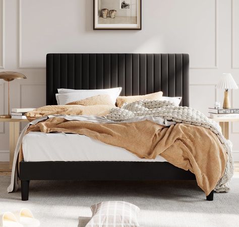 King Upholstered Platform Bed, Bed Base Frame, Velvet Bed Frame, Black Bed Frame, Velvet Upholstered Bed, Black Headboard, Velvet Headboard, Full Bed Frame, Wingback Headboard