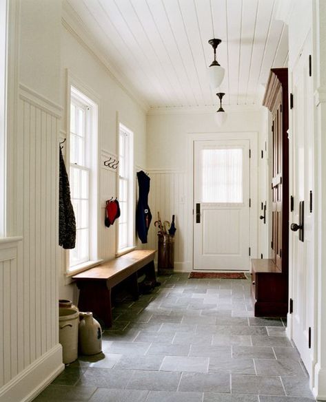 White Beadboard, Beadboard Paneling, Mudroom Flooring, Window Mudroom, Slate Tile Floor, Mudroom Entryway, Mudroom Laundry Room, Beadboard Ceiling, Mudroom Design