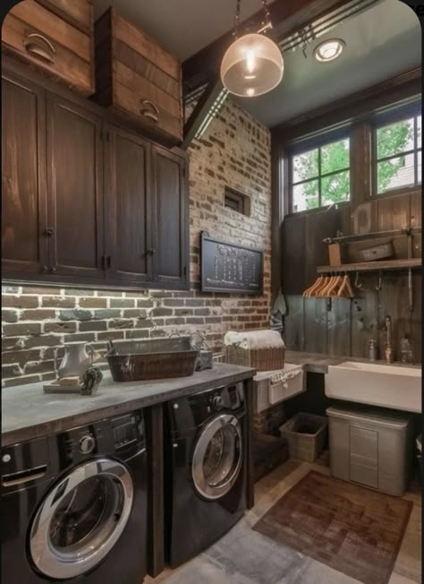 Brick Laundry Room, Dream Laundry Room Luxury, Basement Laundry Rooms, Unfinished Basement Laundry, Basement Laundry Room Ideas, Elegant Laundry Room, Diy Laundry Room Makeover, Industrial Basement, Industrial Laundry