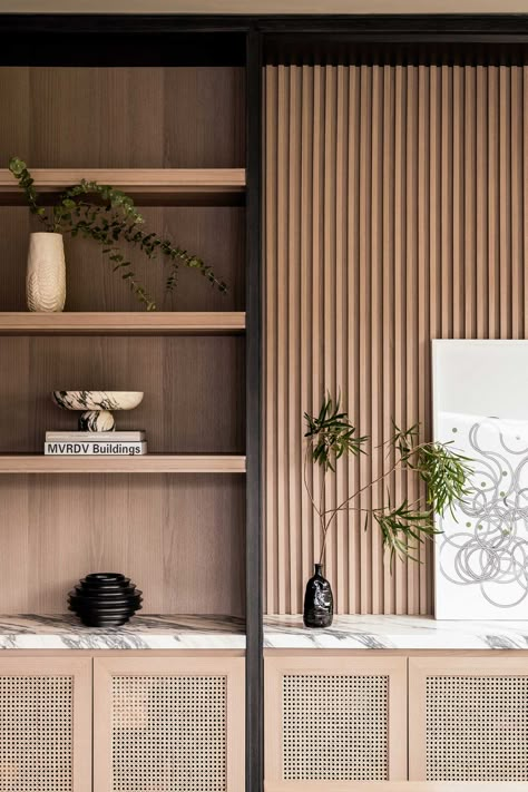 An Intimate, Multi-Generational Office — Design Anthology Cabinet Door Crafts, Salas Living Room, Private Office Space, Design Anthology, Wall Shelving Units, Japandi Home, Door Crafts, Family Office, Rattan Armchair