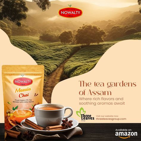 With Nowalty, every cup transports you to the heart of Assam, where the finest tea leaves are handpicked for an unparalleled taste journey. Let the essence of tradition and quality elevate your tea time. 🍃🍵 Explore the Richness! ☕️ #AssamTea #TeaGardenMagic #NowaltyTea #TasteTradition #AuthenticFlavors #Guwahati #Assam #nowaltychai #ThreeLeaves #tealovers Tea Creative Post, Tea Social Media Design, Tea Social Media Post, Tea Poster Design, Tea Advertisement, Coffee Graphics, Tea Poster, Graphic Design Posters Layout, Tea Illustration