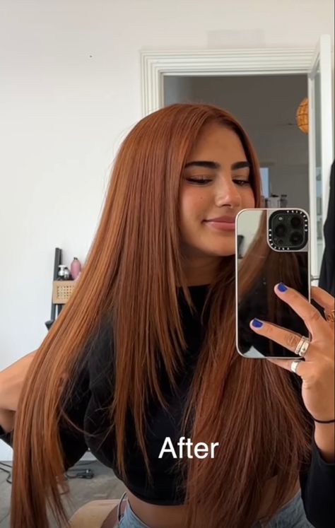 ginger colored hairstyle Copper Hair On Morena Skin, Hair Ideas Tan Skin, Latinas With Ginger Hair, Nails For Ginger Hair, Hair Ideas For Dark Skin Tones, Auburn Money Piece Hair Brunette, Orange Brownish Hair, Ginger Hair Color On Tan Skin, Dark Ginger Hair Tan Skin