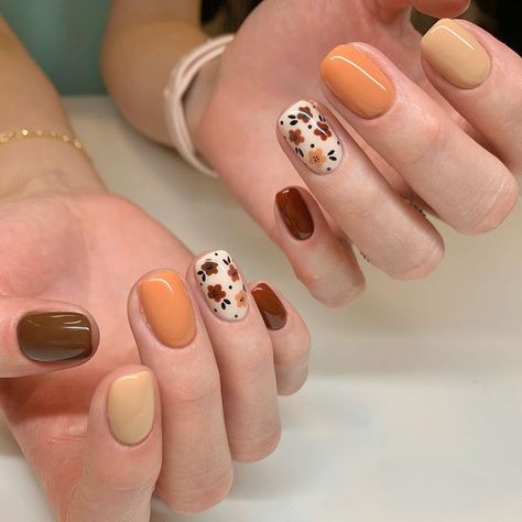 Manicure Fall Nails, Nail Autumn Ideas, Short Nails Fall Ideas, Different Color Fall Nails, Nail For Autumn, November Manicure Ideas, Simple Nail Art Fall, Luminary Nails Design Fall, Fall Floral Nail Art