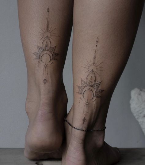 Cryptic Tattoos, Back Of Ankle Tattoo, Calf Tattoos For Women, Bohemian Tattoo, Yoga Tattoos, Ankle Tattoos For Women, Boho Tattoos, Anklet Tattoos, Ornamental Tattoo