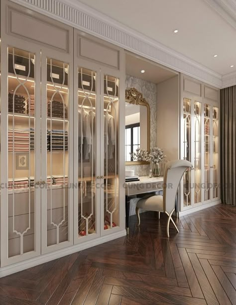 New Classic Dressing Room, Celebrity Closets Walk In, Classic Dressing Room Design, Classic Wardrobe Furniture, Classic Dressing Room, Cupboard With Mirror, Luxury Dressing Room, Custom Wardrobe, Royal Closet