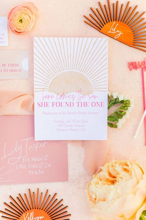 Summer Bridal Shower at the Beach - Here Comes the Sun! • Beijos Events Summer Bridal Shower Themes, Retro Bridal Showers, Golden Arrow, Retro Bridal, Bridal Shower Inspo, Wedding Shower Themes, Beach Bridal Showers, Summer Bridal Showers, Bridal Shower Inspiration