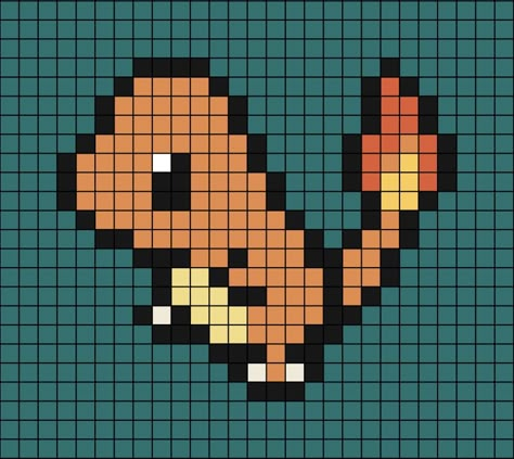 A pixel art template of Charmander from Pokémon. Simple Pokemon Pixel Art, Cute Pokemon Pixel Art, Pokemon Grid Pattern, Pokemon Tapestry Crochet, Pixel Art Pattern Pokemon, Pixel Pokemon, Kawaii Cross Stitch, Pokemon Pixel Art, Pokemon Cross Stitch