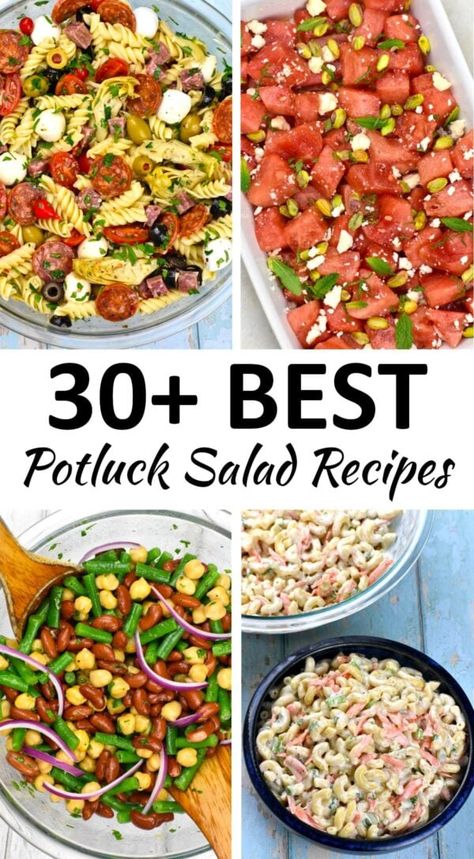 Potluck salad recipes pin. Potluck Lunch Ideas, Potluck Salad Recipes, Moroccan Couscous Salad, Healthy Potluck Recipes, Rainbow Pasta Salad, Potluck Bbq, Healthy Potluck, Salad Recipes For Parties, Antipasto Pasta Salads