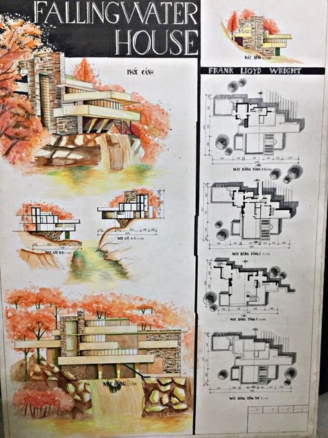 Fallingwater House Plan, Falling Water House Plan, Fallingwater House Analysis, The Falling Water House, Site Analysis Drawing, Bathroom Objects, Markers Drawing Architecture, Fallingwater House, Falling Water Frank Lloyd Wright