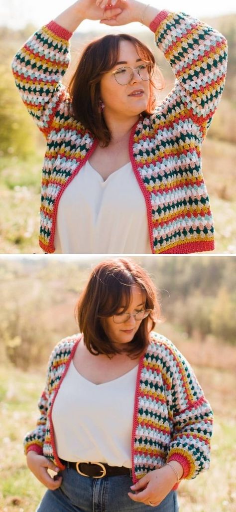 Feminine Crochet Cardigans Ideas – 1001 Patterns Granny Stripe Crochet Cardigan, Granny Square Stitch Cardigan, Granny Go Round Cardigan Free Pattern, Granny Stitch Sweater Pattern, Crochet Granny Stripe Cardigan Free Pattern, Women Crochet Cardigan, Free Cardigan Pattern Crochet, Granny Crochet Cardigan Pattern, Crochet Cardigan Stripes