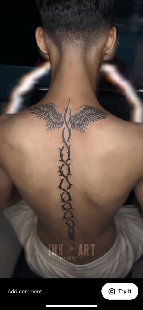 Back Tats Men Spine, Men Back Tattoos Ideas Guys, Spine Tattoo Men Ideas Design, Back Tattoo Men Spine, Men’s Spine Tattoos, Back Spine Tattoos Men, Back Tattoo Men Ideas, Nordic Back Tattoo, Spinal Tattoo For Men