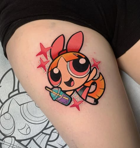 Blossom Powerpuff Tattoo, Minion Tattoo, Nerdy Tattoos, Petit Tattoo, Cartoon Character Tattoos, Kawaii Tattoo, Female Tattoo Artists, Tatuaje A Color, Blossom Tattoo