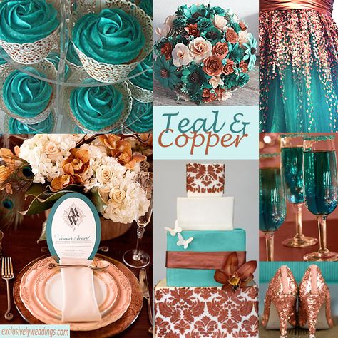 Teal and Copper Wedding Colors. So, SO pretty. I think I would incorporate more rose gold type of colors rather than the harsher browns. Maybe a little bit of a pink flower for the bouquet (I don't like brown) Teal And Copper Wedding, Copper Wedding Colors, Teal And Copper, Teal Wedding Colors, Teal Color Palette, Teal Color Schemes, Metallic Wedding, Wedding Color Scheme, Copper Wedding