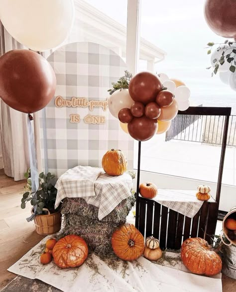 Our Little Pumpkin Is Turning One Decor Boy, Pumpkin Patch Themed Birthday Party, One Year Birthday Party Ideas Fall, First Birthday Thanksgiving, Fall Theme First Birthday Boy, Pumpkin Patch Theme Birthday, First Harvest Birthday, One Pumpkin Birthday, Fall Themed 1st Birthday Girl