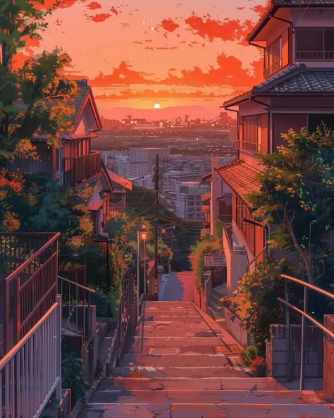 Studio Ghibli Nature Aesthetic, Anime Illustration Aesthetic, Studio Ghibli Sunset, Ghibli Landscape Scenery, City Art Aesthetic, Studio Ghibli Aesthetic Scenery, Ghibli View, Ghibli Sunset, Anime Aesthetic Scenery