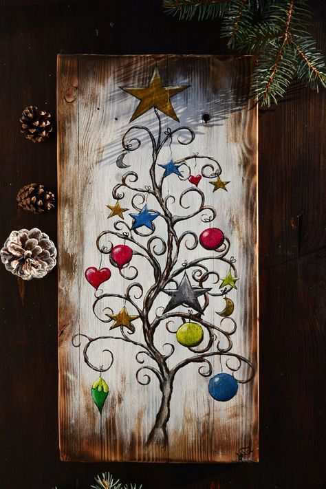 Wood Pallet Art Paint, Santa Wood Crafts, Rustic Painting On Wood, Christmas Paintings On Wood, Cute Christmas Paintings, Stars Christmas Tree, Paintings On Wood, Christmas Tree Sign, Wood Paintings