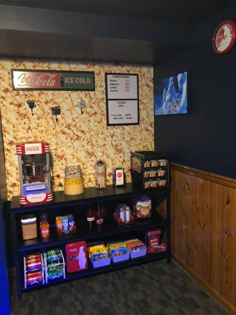 Bonus Room Snack Station, Popcorn Bar Home Theater, Movie Room Snack Bar Ideas Diy, Concession Stand Home Theater, Movie Room Concession Stand Ideas, Home Concession Stand Ideas, At Home Movie Theater Concession Stands, Basement Concession Stand, Popcorn Machine In Home Decor