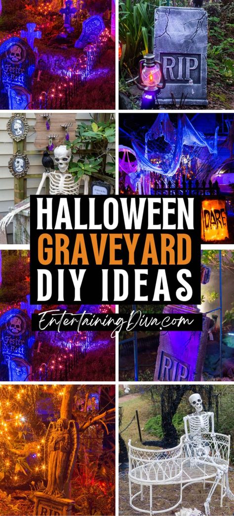 Halloween Decorations Tombstones, Diy Halloween Decorations Graveyard, Diy Halloween Decorations Tombstones, Graveyard Yard Decorations, Front Yard Decor Halloween, Halloween Graveyard Ideas Diy Easy, Diy Outdoor Halloween Graveyard, Graveyard Party Ideas, Graveyard Outdoor Decor