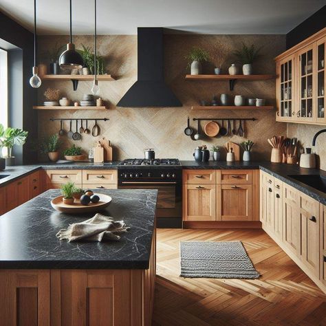 Black Countertop Oak Cabinets, Dark Countertops Light Wood Cabinets, Brown Wood Kitchen Ideas, Natural Wood Cabinets Black Countertops, Oak Kitchen With Black Countertops, Black Countertops Oak Cabinets, Oak Cabinets Black Countertop, Brown Cupboards Kitchen, Charcoal Countertops