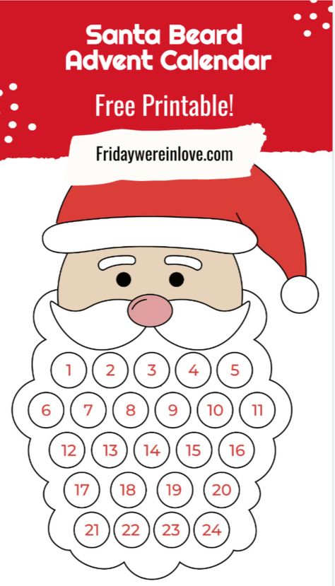 Make Christmas magical with this Santa Beard Countdown printable! It’s a festive Santa face template that doubles as an advent calendar, allowing kids to add to Santa’s beard each day. A perfect way to celebrate the holiday countdown together, this printable advent calendar is a joyful craft to share. Countdown To Christmas For Kids, Christmas Count Down, Santa Face Template Free Printable, Santa Face Template, Santa Beard Countdown, Santas Beard Advent Calendar, Countdown To Christmas Sign, Santa Advent Calendar, Christmas Countdown Printable