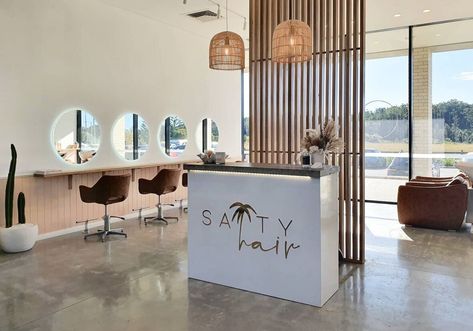 Hair Salon Concrete Floor, California Salon Aesthetic, Long Salon Design, Salon Concrete Floor, Salon With Concrete Floor, Open Concept Salon Ideas, Open Floor Plan Hair Salon, Minimalist Salon Interior Design, Concrete Salon Floor