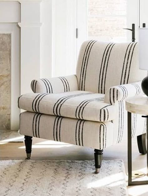 Bergere Chair Living Room, English Armchair, Striped Accent Chair, Big Houses Interior, Wing Back Chair, Condo Living Room, Coastal Room, White Fireplace, Reupholster Furniture