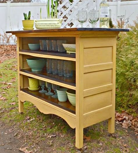 Creative ideas in crafts and upcycled, innovative, repurposed art and home decor. ...For the kitchen or CD/media storage? Repurposed Desk, Desk Vanity, Antique Bedroom, Maine Cottage, Old Dressers, Upcycling Ideas, Furniture Redo, Refurbished Furniture, Painting Furniture