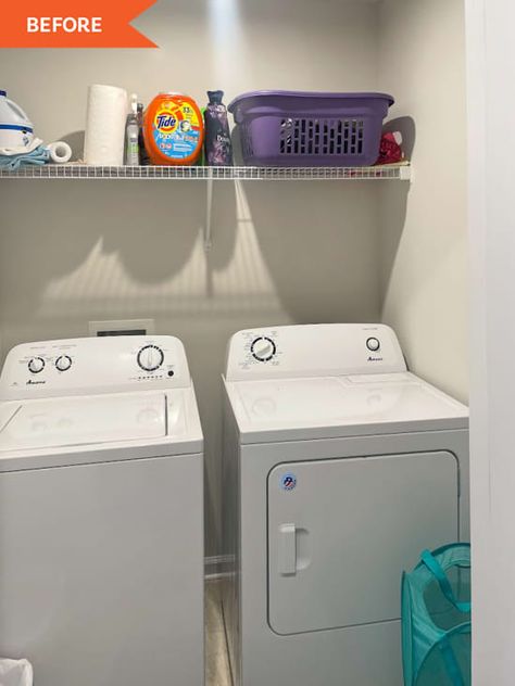 Small Laundry Room Makeover Top Loader, Laundry Room With Top Loader Ideas, Diy Drying Rack, Laundry Room Organization Shelves, Laundry Room Redo, Laundry Closet Makeover, Laundry Room Decor Ideas, Narrow Laundry Room, Diy Shelving