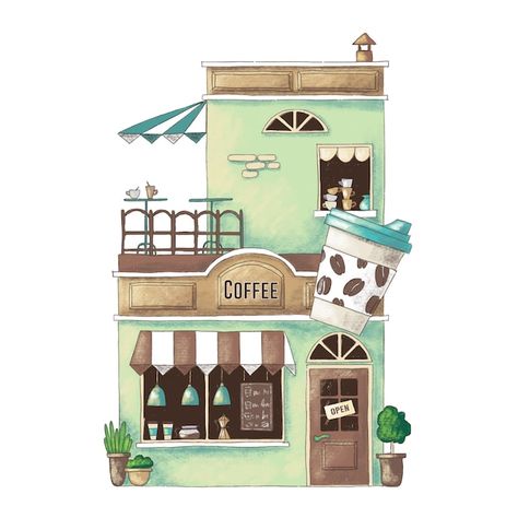 Cute Cartoon Illustration, Watercolor House Painting, الفن الرقمي, Istoria Artei, Watercolor Architecture, Building Drawing, Building Illustration, Shop Illustration, Architecture Drawing Art