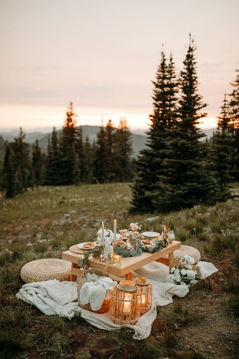 A lavish wedding picnic set up among the trees and wildflowers in the alpine of Manning Park at sunset Private Picnic Ideas, Garden Picnic Wedding Ideas, Picnic Wedding Proposal, Boho Picnic Set Up, Romantic Fall Picnic, Boho Picnic Decor, Picnic In Mountains, Birthday In The Mountains, Woodsy Picnic