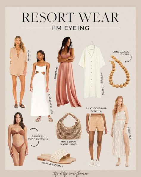 A Swim + Resort Wear Round-Up - Itsy Bitsy Indulgences | #resortwear #womensswimsuits Resort Glam Outfit, Elegant Casual Resort Wear, Resort Style 2023, Resort Chic Attire Outfits, Minimalist Resort Wear, Dinner Resort Outfit, Luxury Resort Wear 2023, Resort Dressy Attire, Trendy Resort Outfits