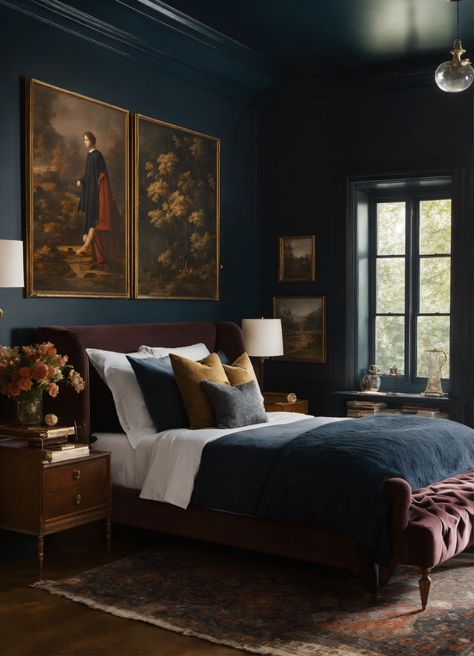 Barlow And Barlow Bathroom, Navy Bedroom Ceiling, Dark English Bedroom, Master Bedrooms Decor Masculine, Outlander Blue Room, Navy Blue And Burgundy Bedroom, Blue Bedroom Dark Furniture, Navy And Burgundy Bedroom, Ralph Lauren Bedroom Aesthetic