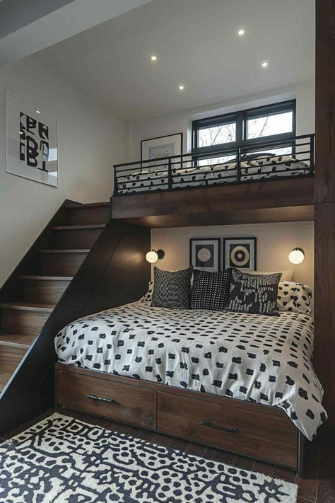 40 Modern Bunk Room Ideas for Contemporary Families Bunk Room Ideas For Adults, Brothers Shared Bedroom Ideas Bunk Bed, Bedrooms With Two Queen Beds, Full Over Queen Bunk Bed Plans, Build Bunk Beds Diy, Bed With Sofa Underneath, Basement Bunk Room Ideas, Narrow Guest Room, Bunk Room Ideas Adults