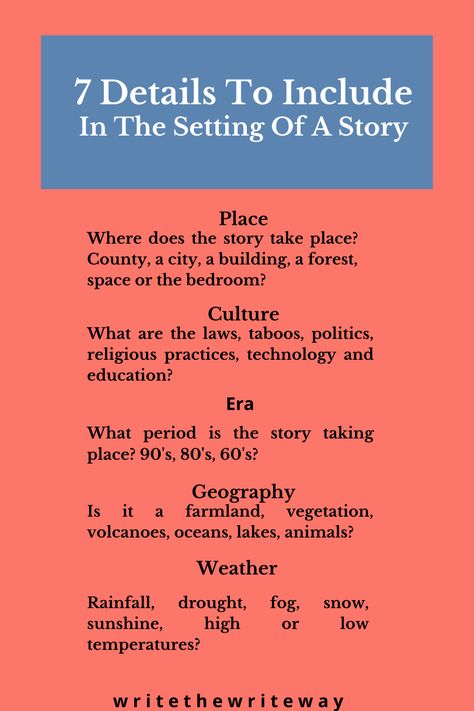 Using everything in a story to describe setting (description writing), such as geography, place, culture and era to describe setting is a way for writers to bring places to life in the reader’s mind. Setting Development Writing, Writing Tips Describing Places, How To Describe Places In Writing, How To Describe A Setting In A Story, Place Description Writing, Setting For Story, How To Describe A Forest, How To Describe A Forest In Writing, How To Describe A Place In Writing