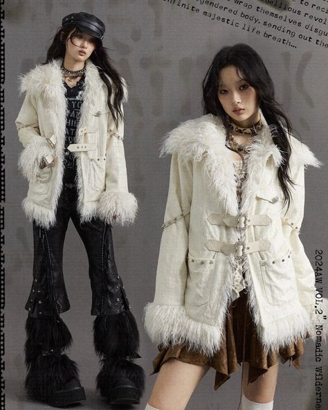 Check out our Wasteland Punk new arrivals with original designs! 🌑✨ Shop now and enjoy free shipping on orders over $99: https://www.devilinspired.com/NO-ROMANCE #wastelandpunk #newarrivals #DevilInspired #FreeShipping Fur Cuffs Outfit, White Punk Outfits, Winter Bohemian Outfits, Soft Punk Outfits, Japanese Punk Fashion, Nikki Core, White Fur Coat Outfit, Mystery Shop, Punk Japanese