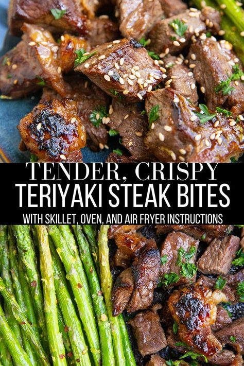 Teriyaki Steak Bites are quick and easy to make in a skillet, the oven, or an air fryer. This delicious steak bites recipe is the perfect appetizer, tasty snack, or main dish for the meat lover. #steak #beef #steakbites #healthy #lowcarb Teriyaki Steak Bites, Air Fryer Recipes Beef, Healthy Steak, Teriyaki Steak, New Air Fryer Recipes, Steak Bites Recipe, Steak In Oven, Delicious Steak, Beef Steak Recipes