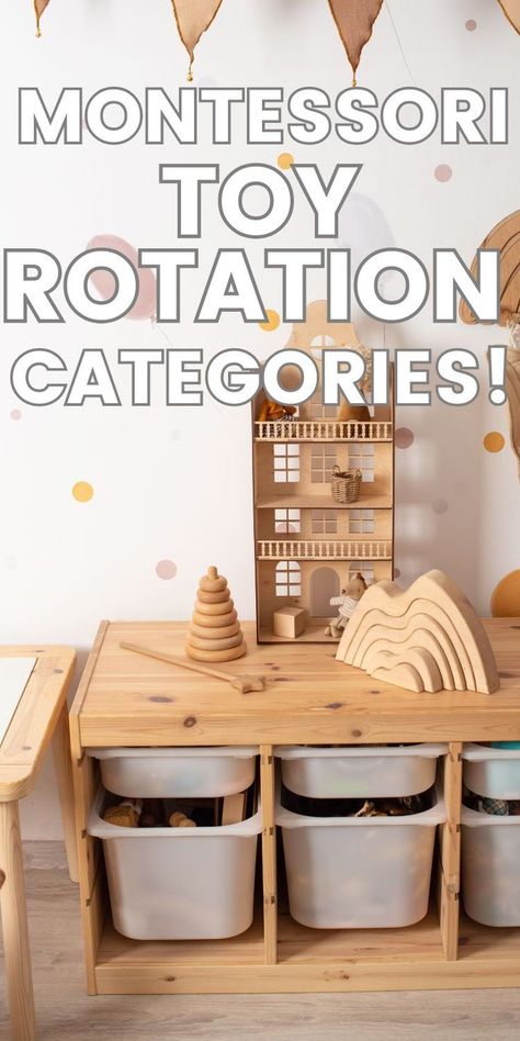 Montessori playroom with natural wood materials. Pin text overlay reads "Montessori toy rotation categories!" Montessori Toy Rotation, Toy Rotation Categories, Toy Rotation System, Montessori Toy Storage, Montessori Organization, Montessori Storage, Montessori Playroom Ideas, Toddler Toy Storage, Toddler Storage