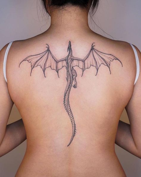 Dragon On Back Tattoo, Dragon Tattoos On Back, Dragon Sternum Tattoo Women, Dragon Spine Tattoo For Women, Back Tattoo Women Dragon, Spine Tattoos Dragon, Spine Dragon Tattoo, Spine Tattoo Dragon, Back Tattoos Dragon