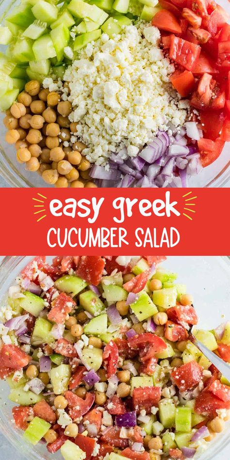 Greek cucumber salad recipe with chickpeas, tomatoes, feta cheese and tangy lemon olive oil dressing. A fresh and easy salad bursting with flavor! Cucumber Tomato Chickpea Feta Salad, Cucumber Chick Pea Feta Salad, Greek Salad Cucumber, Chickpea Cucumber Feta Salad, Salad Recipe With Chickpeas, Chickpea Cucumber Salad, Lemon Olive Oil Dressing, Recipes With Veggies, Recipe With Chickpeas