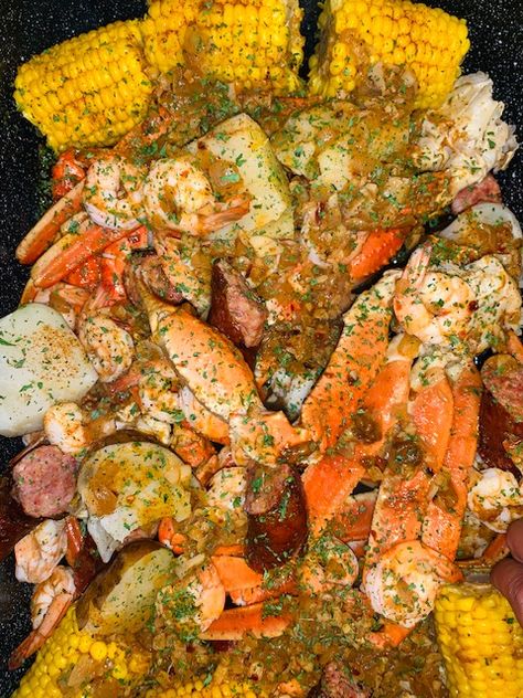 GARLIC BUTTER SEAFOOD BOIL - Razzle Dazzle Life Steampots Seafood, Seafood Boil In Oven Foil Pan, Mini Seafood Boil, Hot Weather Food, Seafood Butter Sauce Recipe, Garlic Butter Seafood Boil, Garlic Butter Seafood, Seafood Boil Seasoning, Crab Boil Recipe